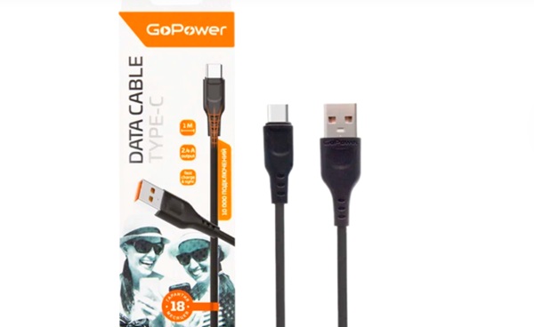 шнур шт USB A-шт USB C\1,0м\Ni/пл\чер\GP01T\GoPowe